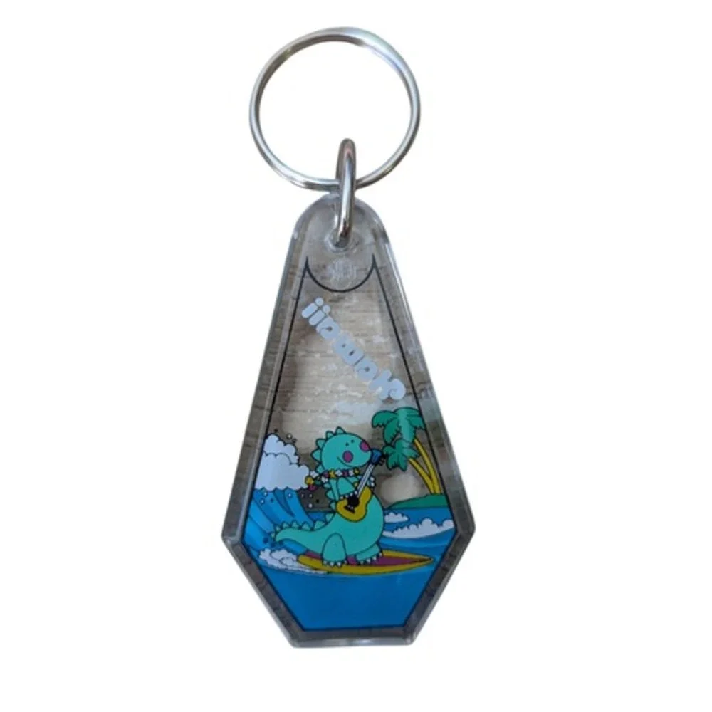 Vintage Plastic Hawaii Dinosaur Surfing Souvenir Keychain 3inch